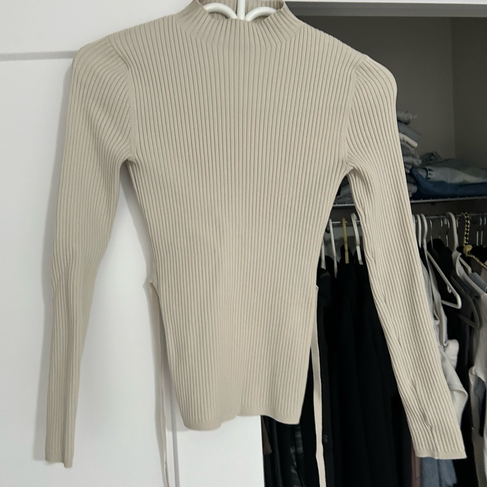 Beige Ribbed Knit Long Sleeve Top